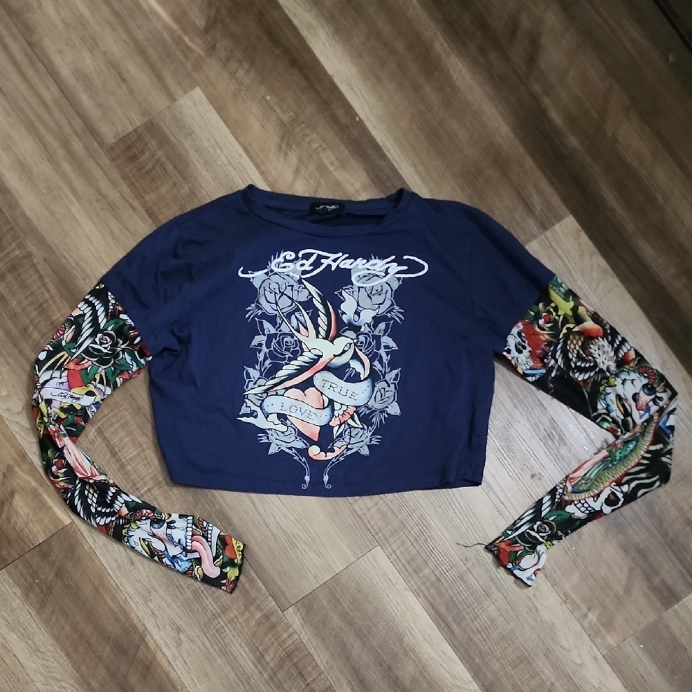 Ed Hardy Cropped Tattoo Graphic Long Sleeve Tee Y2K Navy XL - Picture 6 of 10
